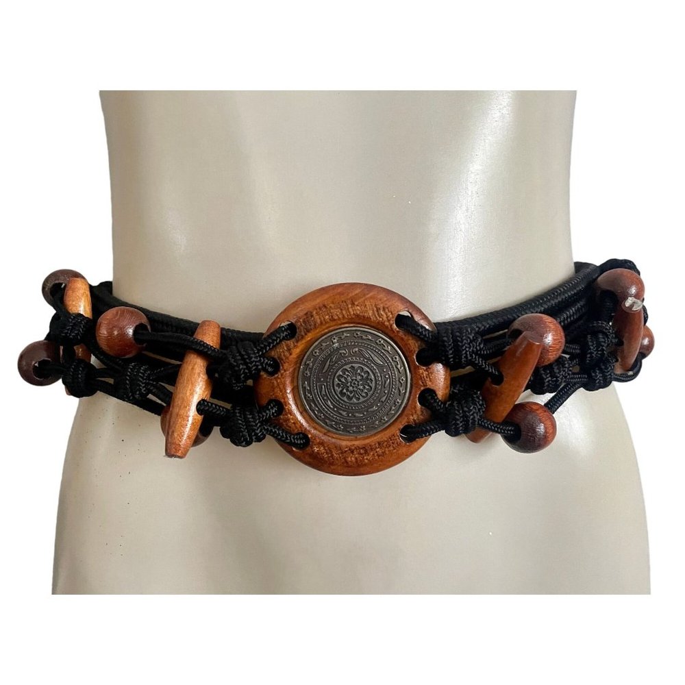 Vintage Wood & Brass Rope Elastic Belt 1980s Women Belt size S M Tribal Bohemian